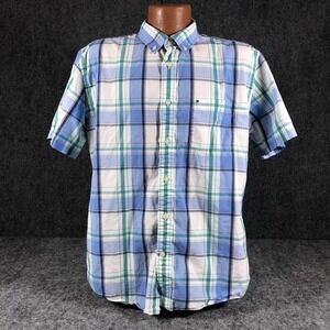 Tommy Hilfiger Mens Large Blue Green Plaid Short Sleeve Button Down Shirt